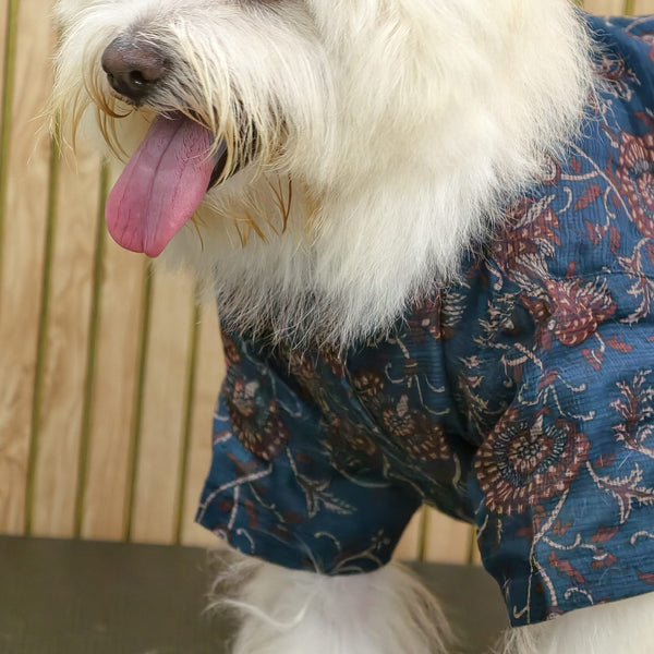 Side view of the Indigo Ajrakh Shirt on a small white dog